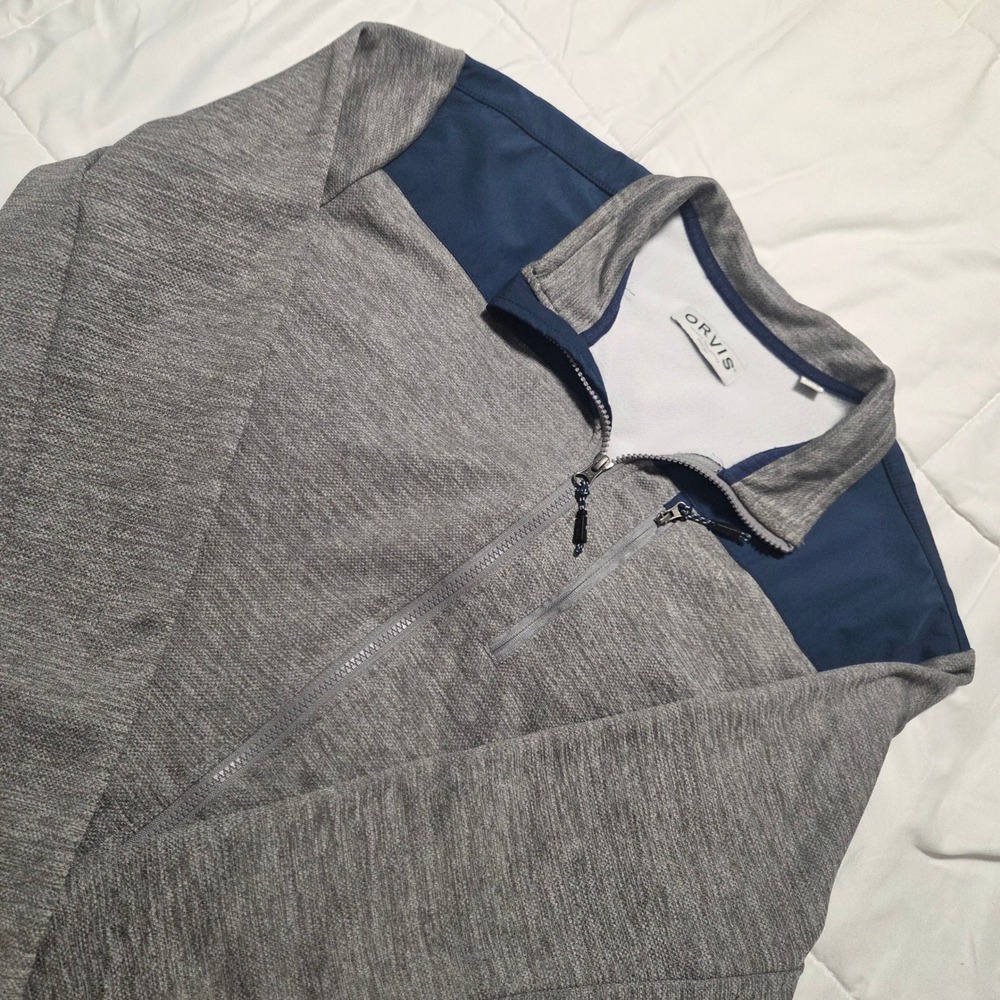Orvis Classic Collection Mens Large Gray Navy Full Zip Fleece Jacket 1522009